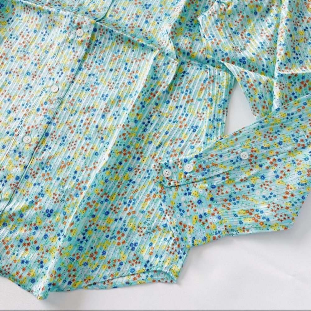 J. Crew | Ruffle Top In Field Day Print Aqua Small Ditsy Floral Mint New Viscose - Picture 7 of 15